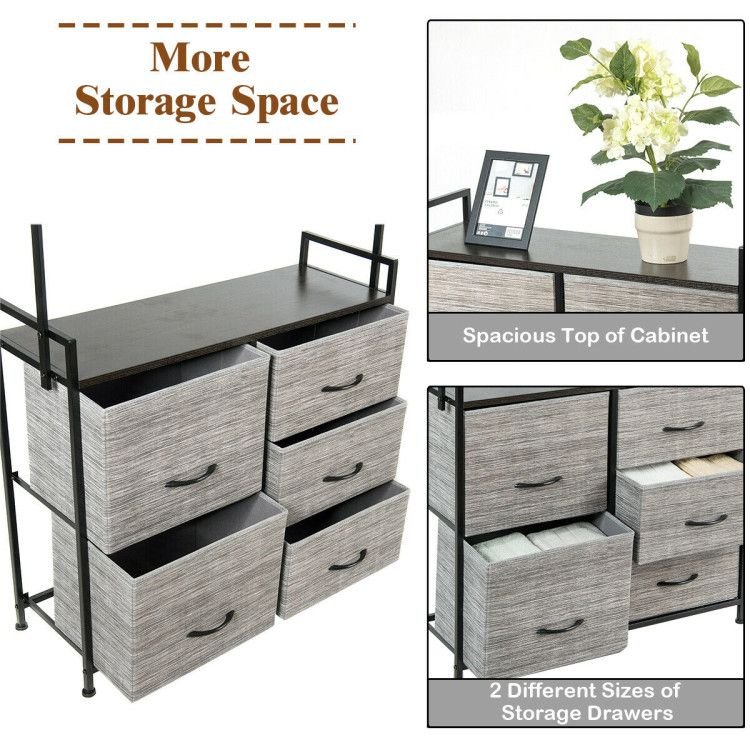 5 fabric drawers dresser with metal frame and wooden top