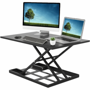 adjustable height ergonomic standing desk foldable and easy move large wide rising tabletop for laptop home office black fcj