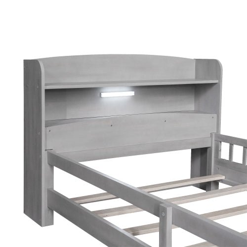 fcj contemporary twin size platform bed with led light storage headboard guardrail antique grey made of metal