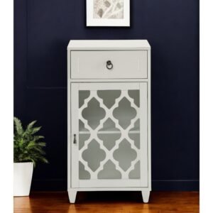 17" white hms fretwork design glass door accent cabinet for living room