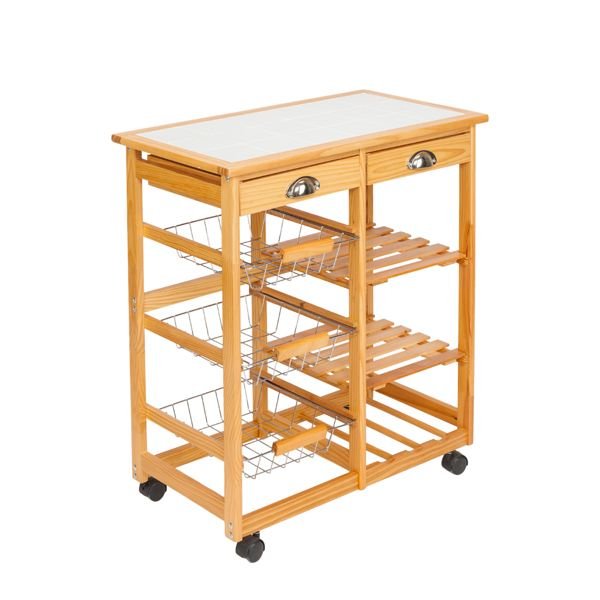 2 drawer wood color kitchen & dining room cart with rolling wheels removable storage rack for islands & carts