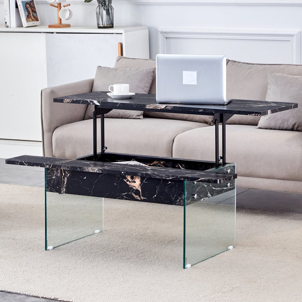 43.3 inch lift top coffee table w/storage black marble & tempered glass (300lb capacity) space saving, multi color