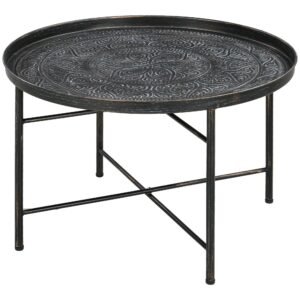 24" round hammered tray top coffee table with metal frame cafe table for living room and bedroom in pewter
