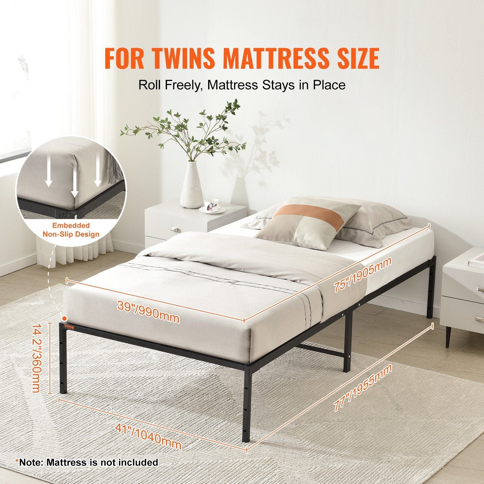 14 inch twin metal bed frame platform no box spring needed easy assembly noise free embedded mattress foundation steel slat