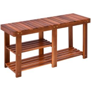 3 tier acacia wood shoe storage bench with teak finish for hallway shoe and boot organizer