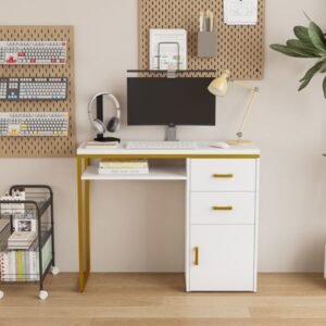 fch 97*35*78cm white particleboard computer desk with 2 drawers and 1 door iron pipe multiple scene suitable