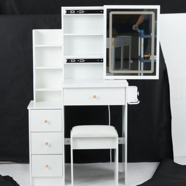 29.2" small space left bedside cabinet vanity table + cushioned stool, extra large right sliding mirror