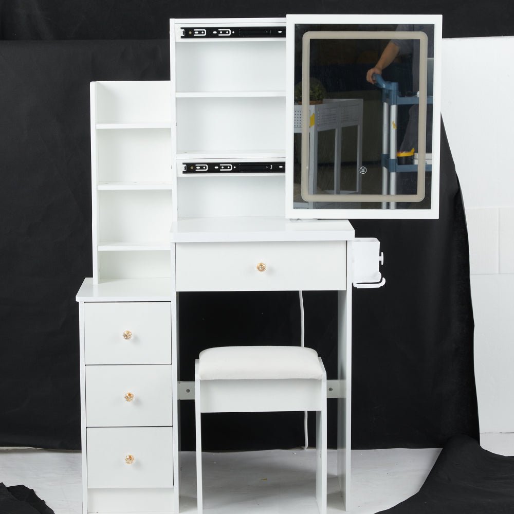 29.2" small space left bedside cabinet vanity table + cushioned stool, extra large right sliding mirror