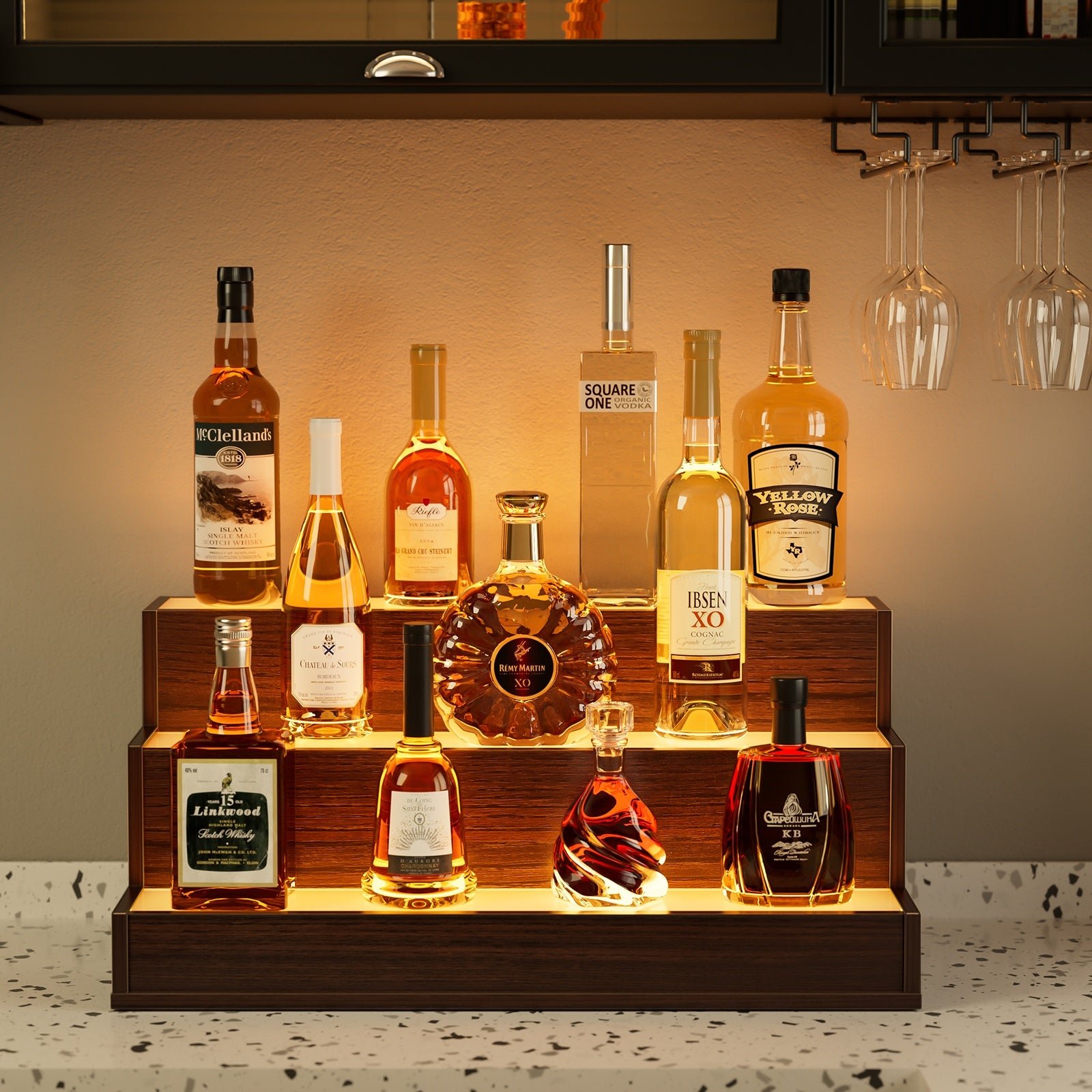 24 inch led lighted liquor bottle display shelf wood panel style bar display shelves
