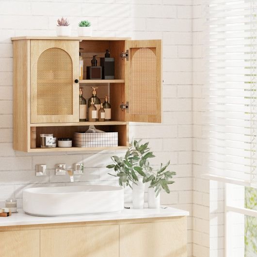 adjustable shelf bathroom wall cabinet with pe rattan doors functional furniture for your bathroom