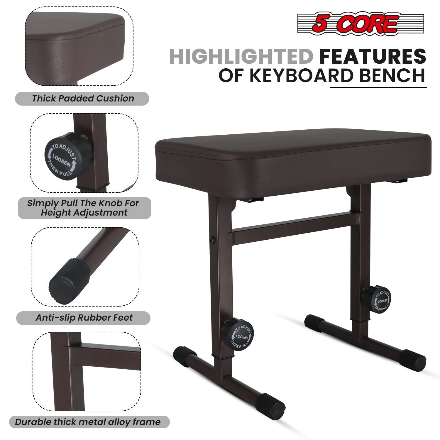 17 22 inch height adjustable kbb h adj br keyboard chair 5 core t style brown thick padded pu leather cushion seat piano stool