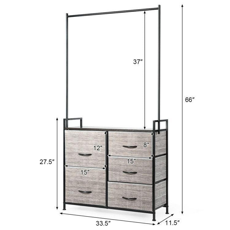 5 fabric drawers dresser with metal frame and wooden top