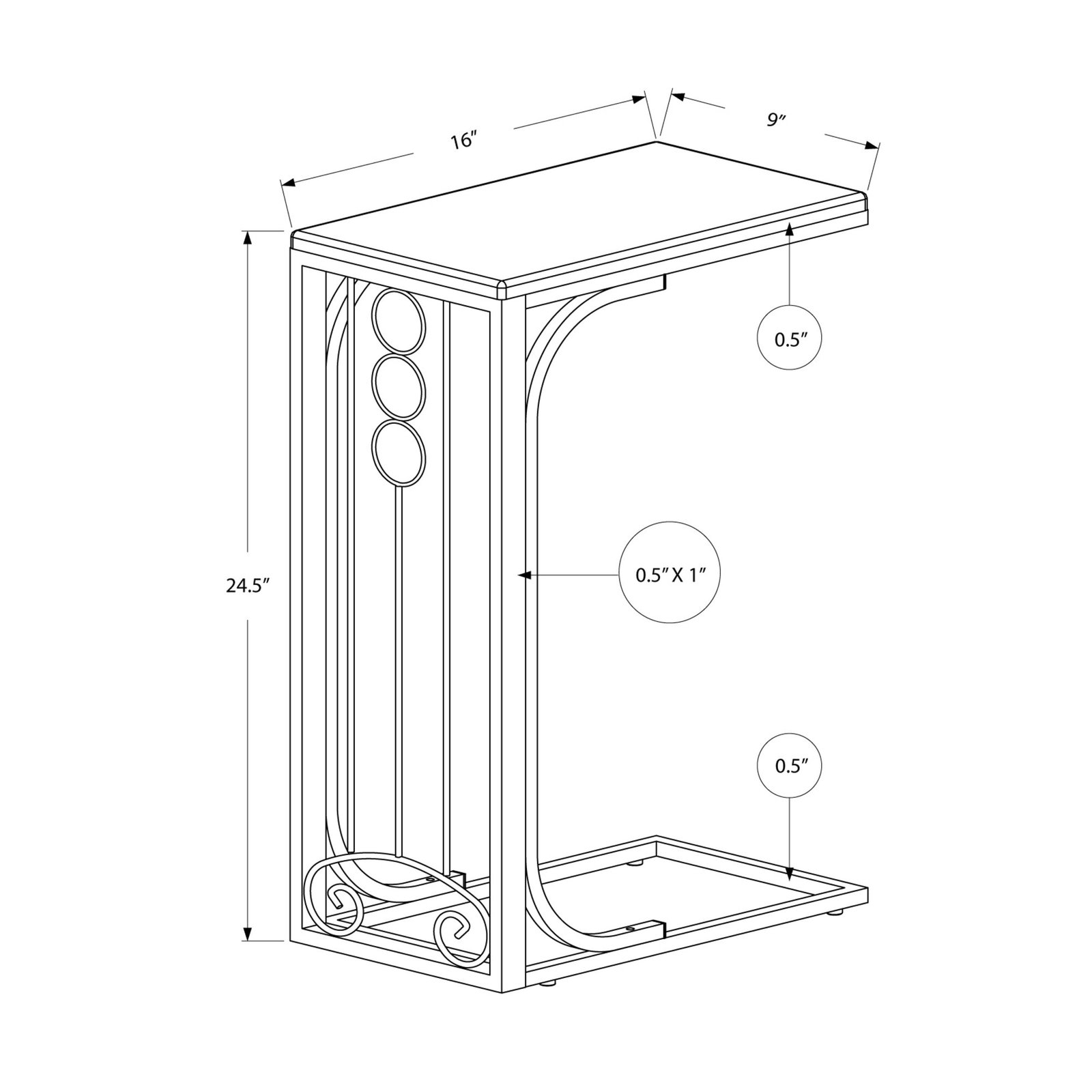 homeroots 16" x 9" x 24.5" blacksilver mdf and metal accent table