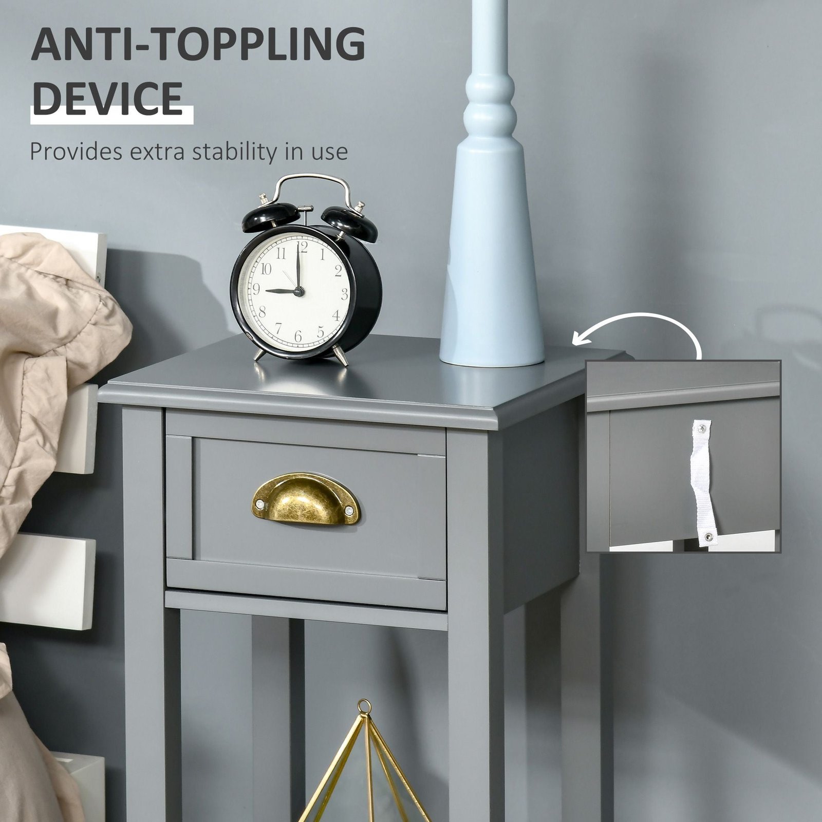 2 tier gray tall side table with drawer bottom shelf narrow accent night stand space saving for living room bedroom
