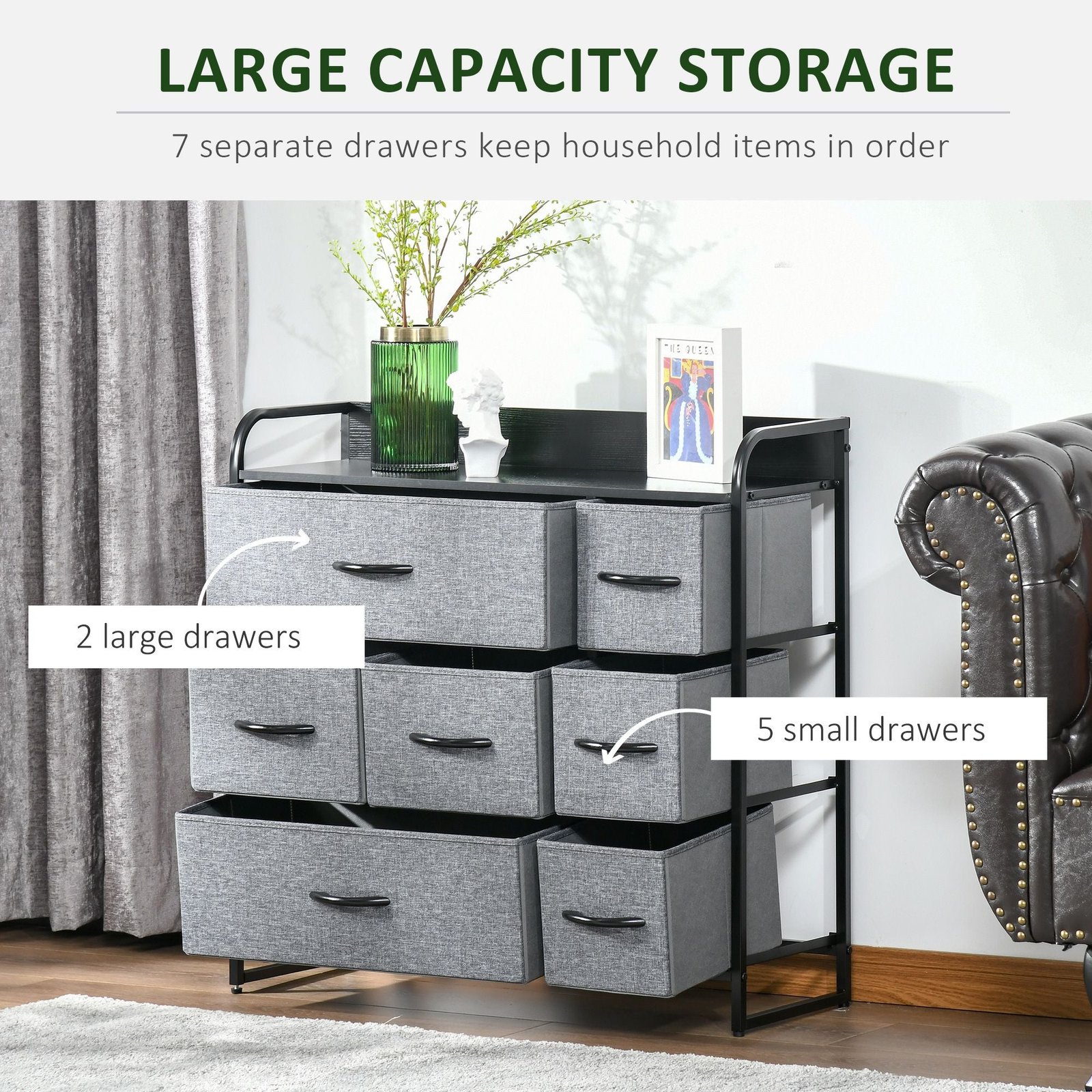 7 drawer gray dresser with steel frame & wooden top fabric chest for bedroom or hallway storage