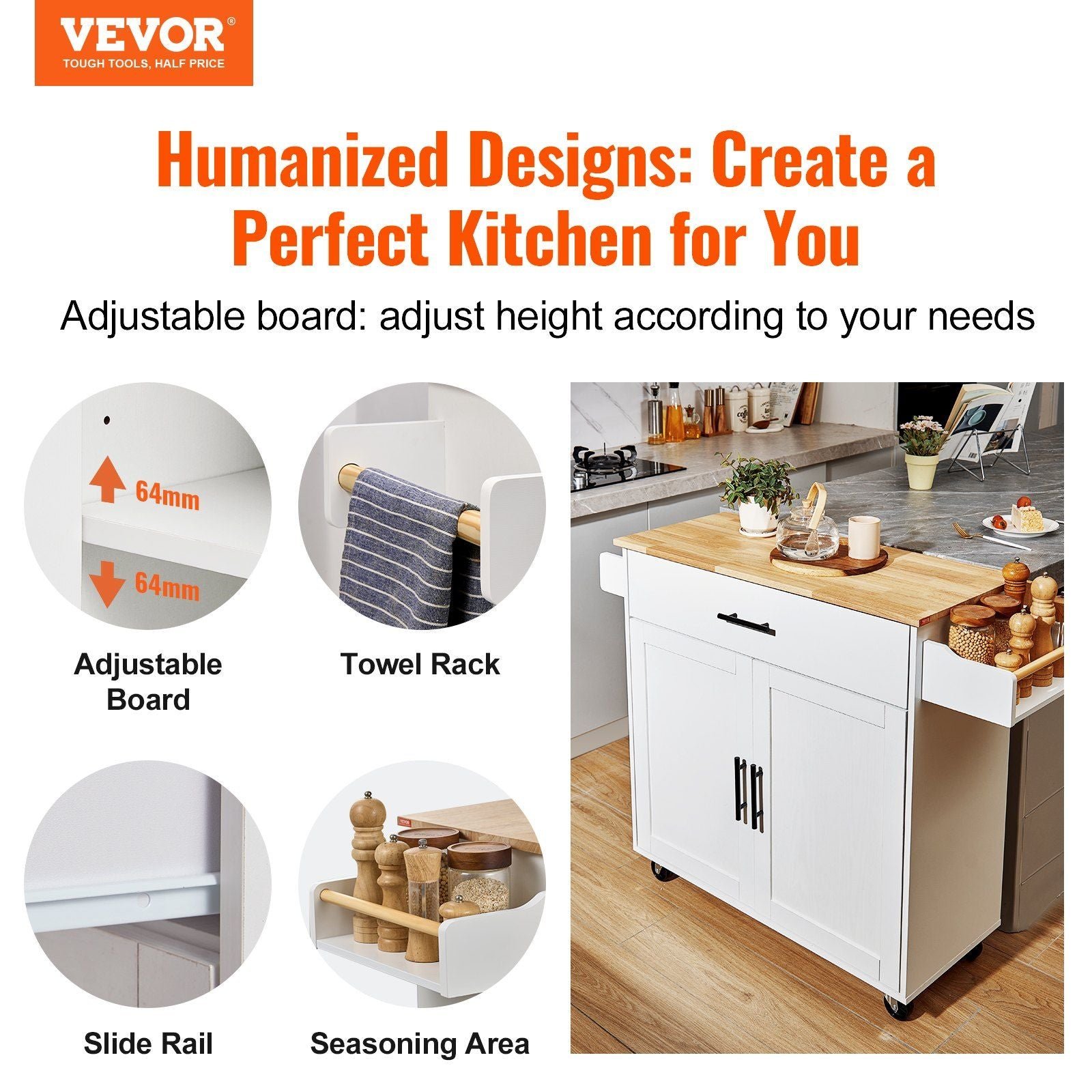 white kitchen island cart solid wood top 35.4" width rolling storage cabinet mobile table spice towel rack drop leaf islands