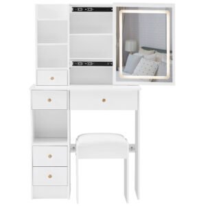 29.2" small size left drawer desktop vanity table + cushioned stool, large sliding, touch control, tri color switching
