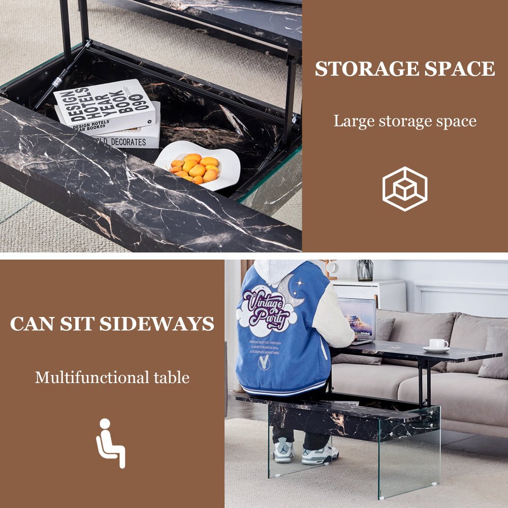 43.3 inch lift top coffee table w/storage black marble & tempered glass (300lb capacity) space saving, multi color