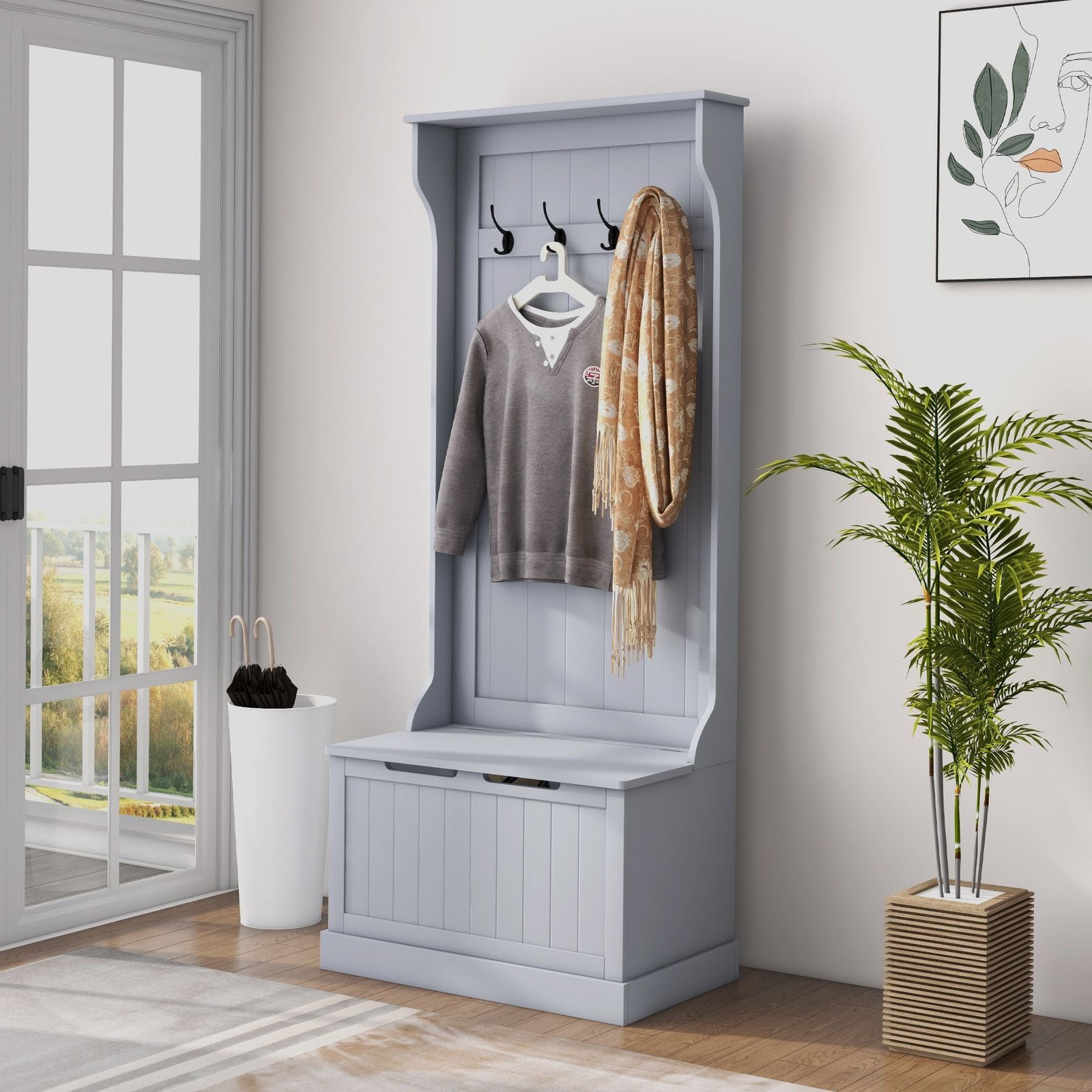 gray entryway hall tree coat rack with sitting bench and storage hooks for mudroom use