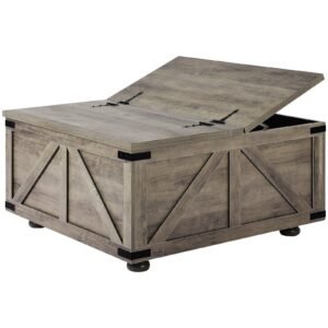 36 inch beige wooden rustic farmhouse coffee table hinged square top large storage compartment for living room bedroom