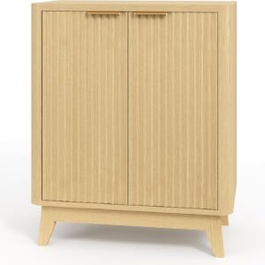 2 door fluted sideboard buffet adjustable shelf natural oak aesthetic curved design credenza storage cabinet for living room