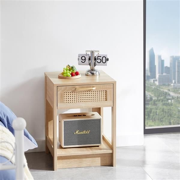 15.75" modern rattan end table with drawer nightstand for bedroom or living room natural