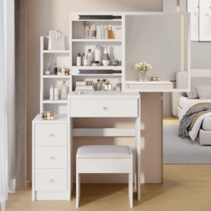 29.2" small space left bedside cabinet vanity table + cushioned stool, extra large right sliding mirror