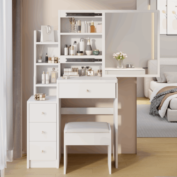 29.2" small space left bedside cabinet vanity table + cushioned stool, extra large right sliding mirror