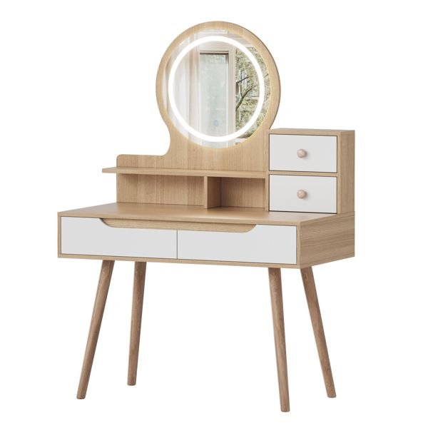 adjustable lighted mirror makeup vanity desk 4 drawers 3 open shelves solid wood table feet small space bedroom dressing table