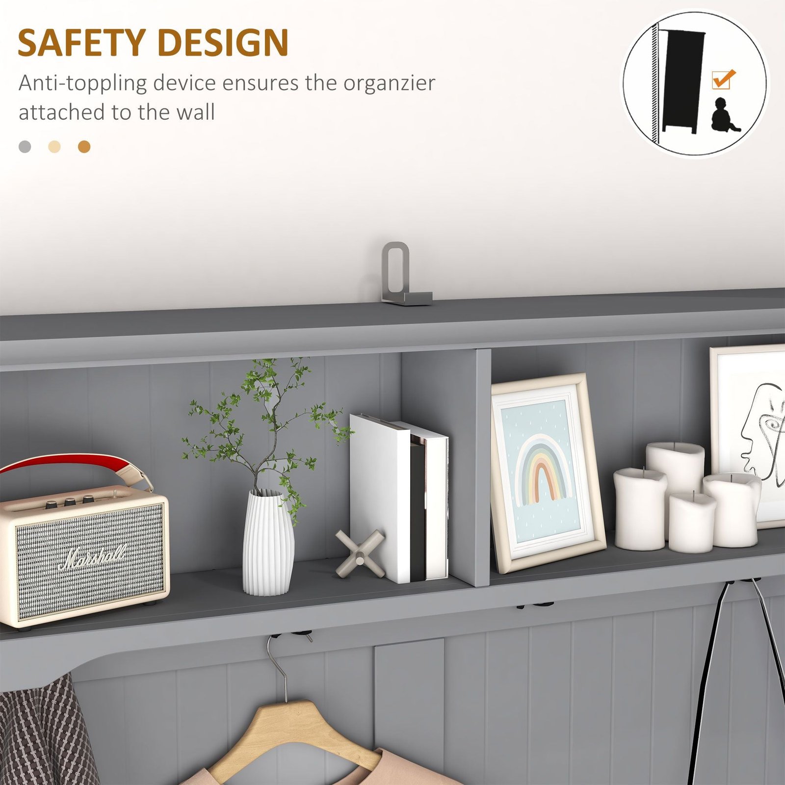 3 in 1 gray hall tree with 2 storage drawers and 4 hooks entryway bench coat rack and mudroom shoe rack with cushions