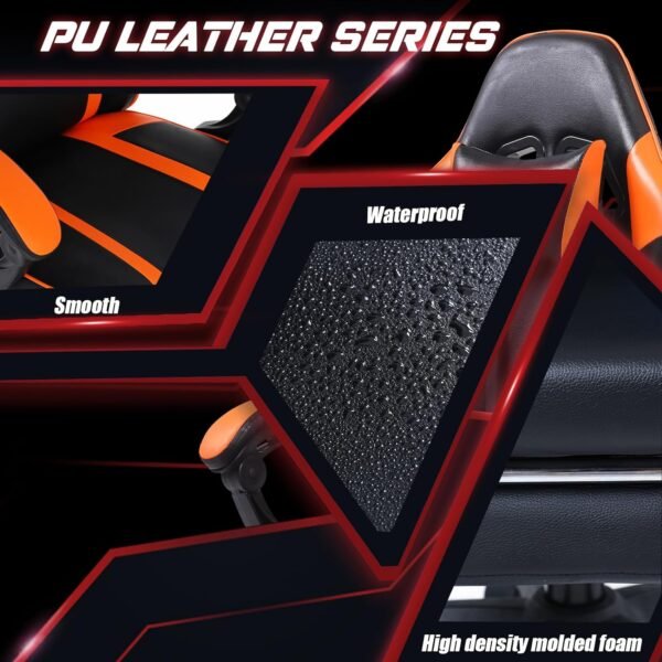 adjustable orange lift gaming chair with revolving feature synthetic leather material stainless steel lumbar pillow footrest