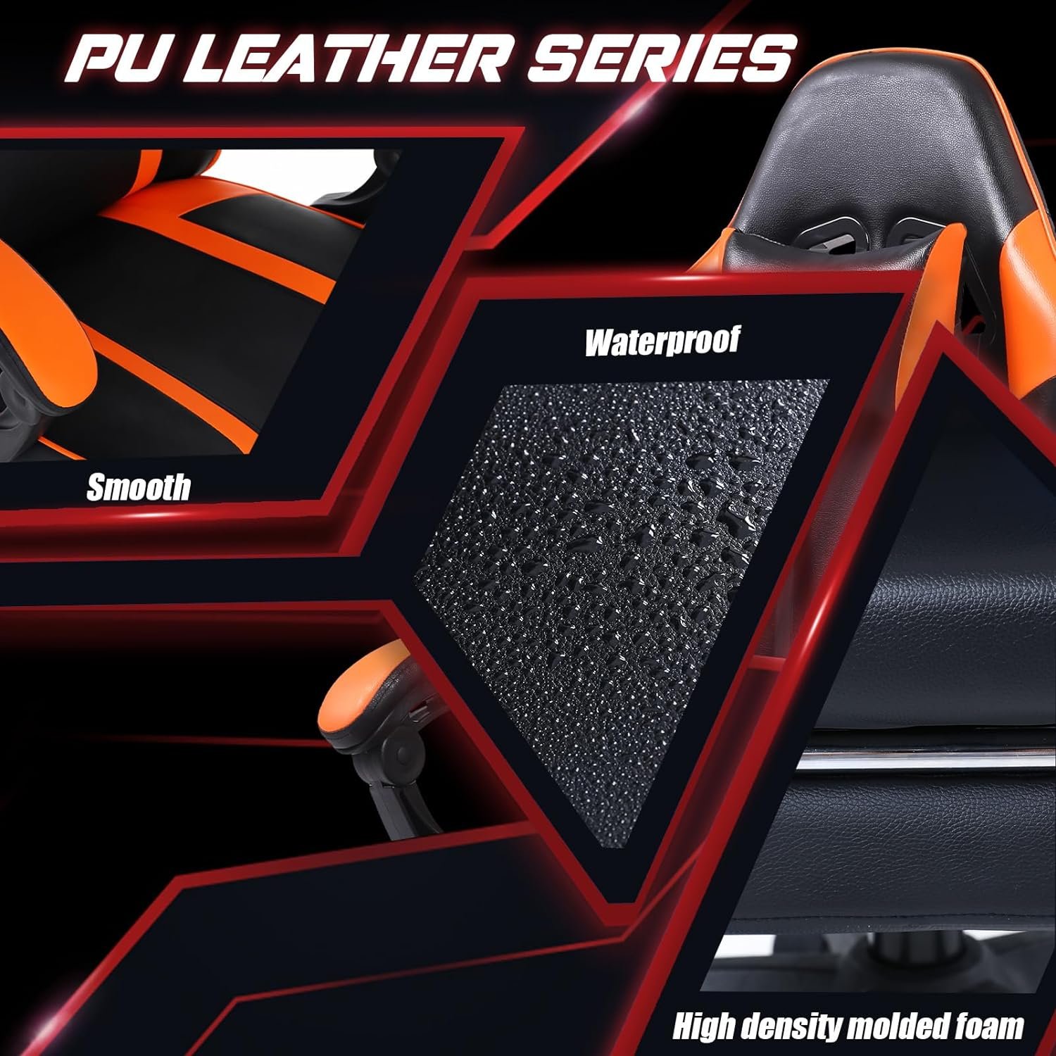adjustable orange lift gaming chair with revolving feature synthetic leather material stainless steel lumbar pillow footrest