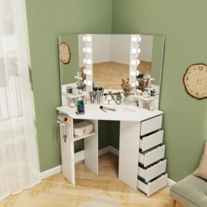 3 color led lighted mirror and power outlet corner vanity desk for makeup makeup vanities