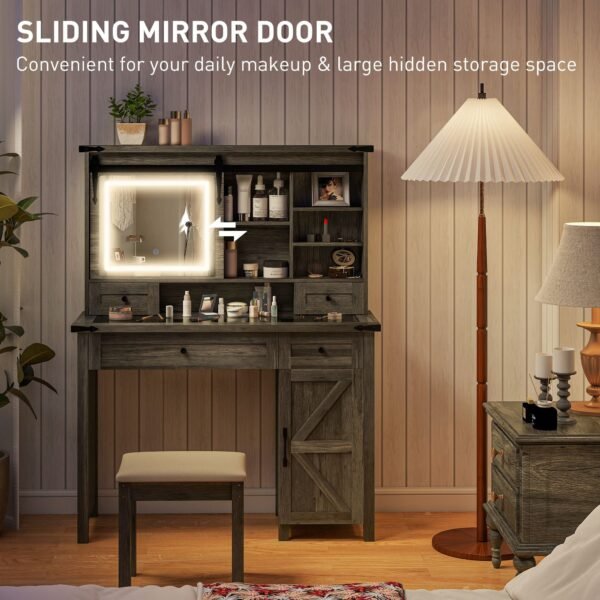 gray vanity desk set with comfortable cushioned stool storage drawer cabinet shelves for bedroom features mirror and lights