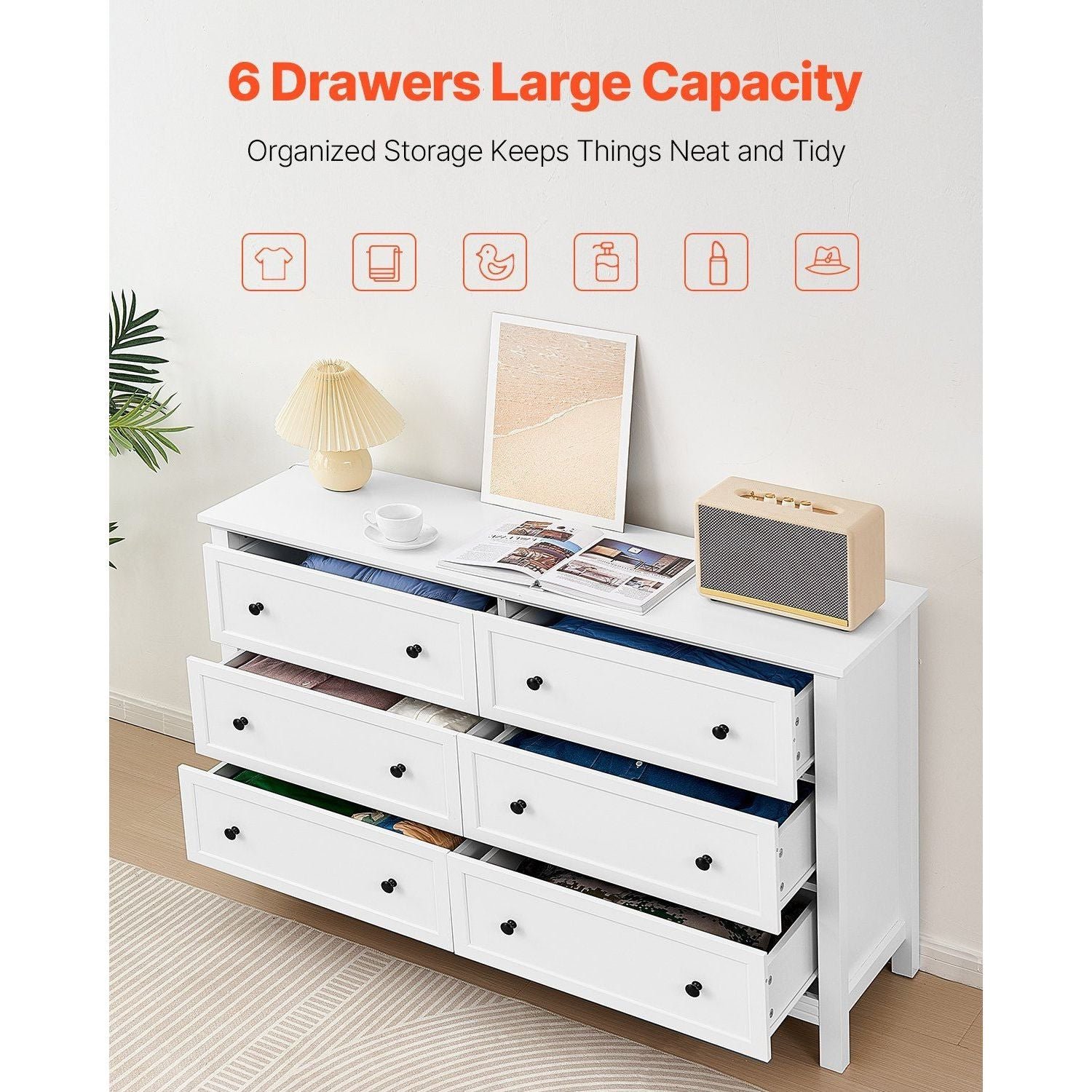 6 drawer retro minimalist white wooden dresser chest anti tip device tv stand organizer for living room entryway storage