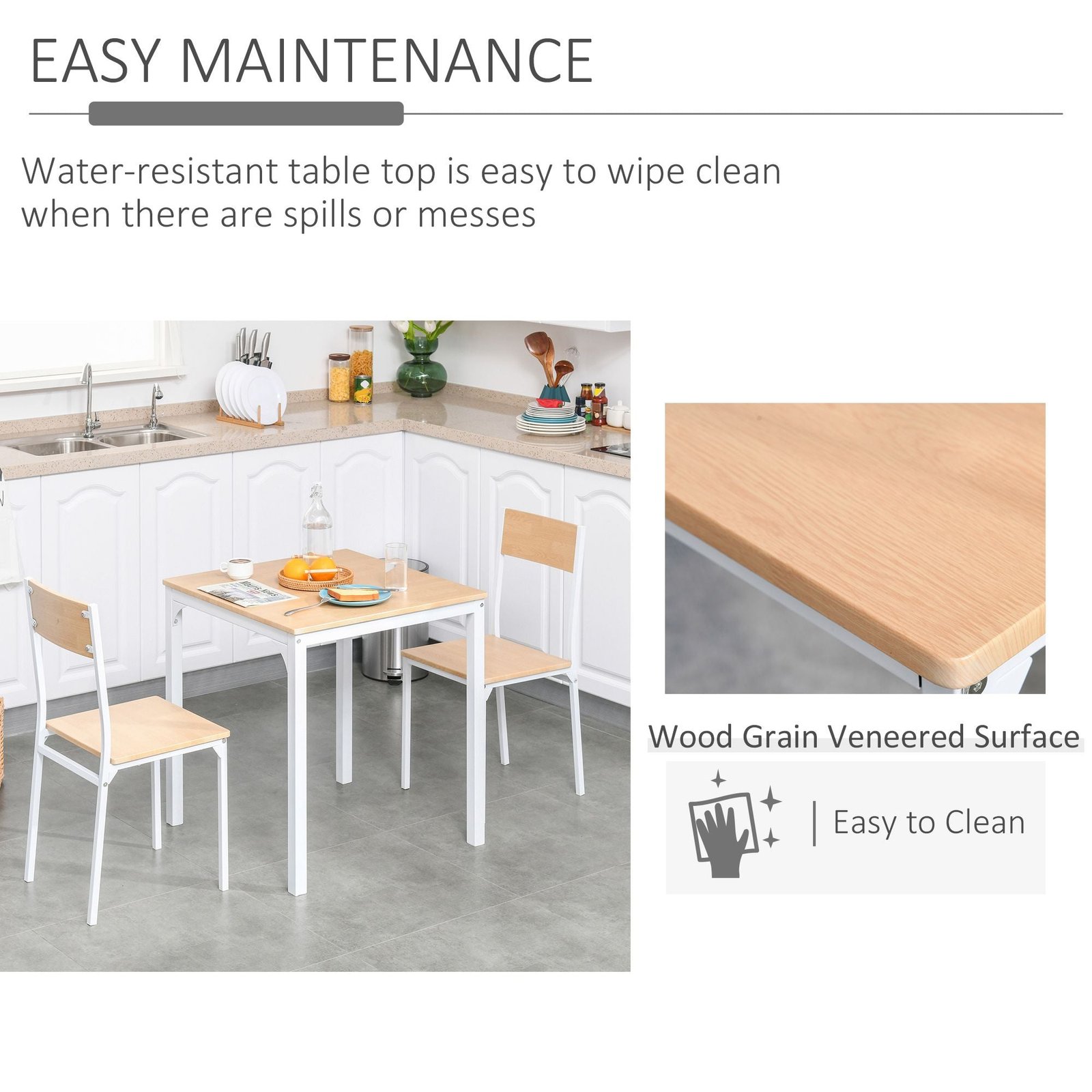compact 3 piece dining set with wooden table and 2 oak chair seats metal frame for small dining spaces