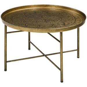 24 inch round gold hammered tray top coffee table with metal frame for living room use