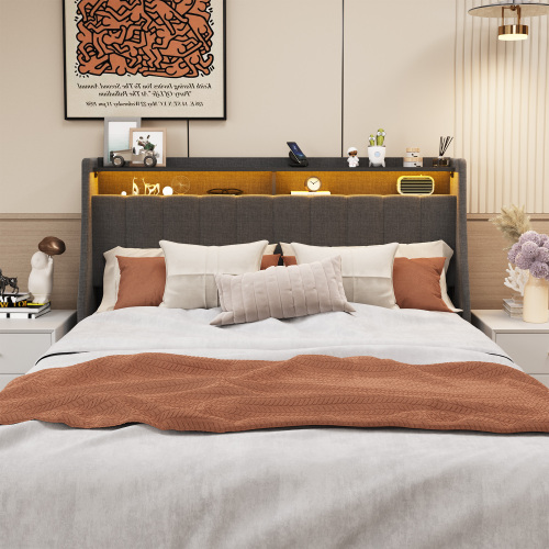 fcj full size king size platform bed frame with led soft wings headboard design 4 under bed portable storage drawers