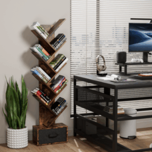 9 tier rustic brown fcj bookshelf drawers modern free standing utility organizer shelves for home office living bookcase