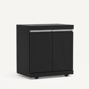 storage cabinet with pull out trash can.