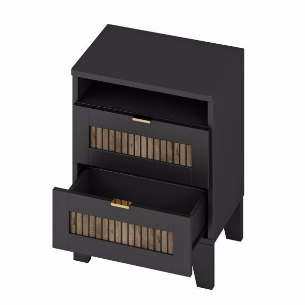 2 drawer black farmhouse nightstand with wooden strip decoration metal handle wood side table for bedroom storage cabinet