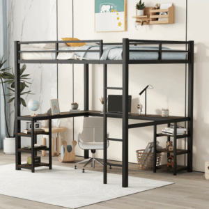 fcj full metal double loft bed frame with desk shelves ladder guardrails for bedroom or warehouse application