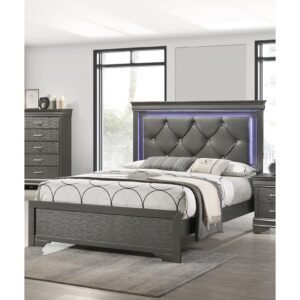 dark gray tufted queen size bed led lights unique texture faux leather headboard solid wood bedroom furniture storage 1pc fcj