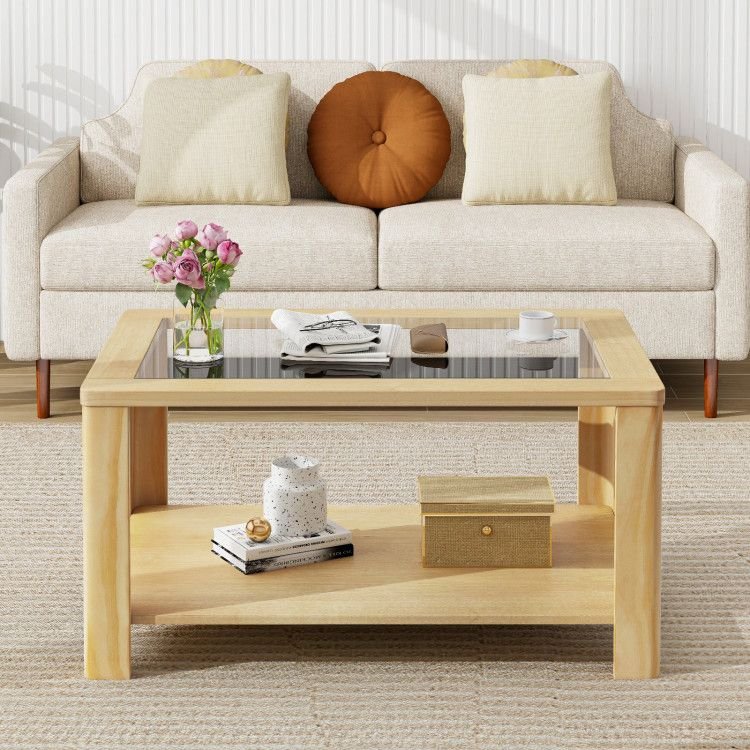 2 tier rectangular center table with tempered glass top and storage shelf for coffee table use