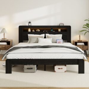 dark black king size wood platform bed frame led headboard noise free 2 usb storage no box spring needed easy assembly tool