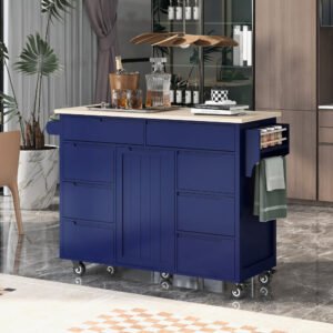 kitchen cart with rubber wood countertop , kitchen island has 8 handle free drawers including a flatware organizer and 5 wheels