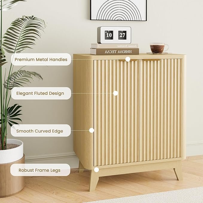 2 door fluted sideboard buffet natural oak aesthetic curved design adjustable shelf entryway console table living room cabinet