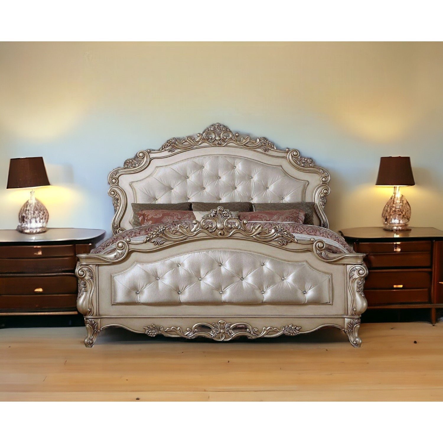 hms antiqued white queen tufted silk bed frame with nailhead trim minimalist french design double size with storage feature