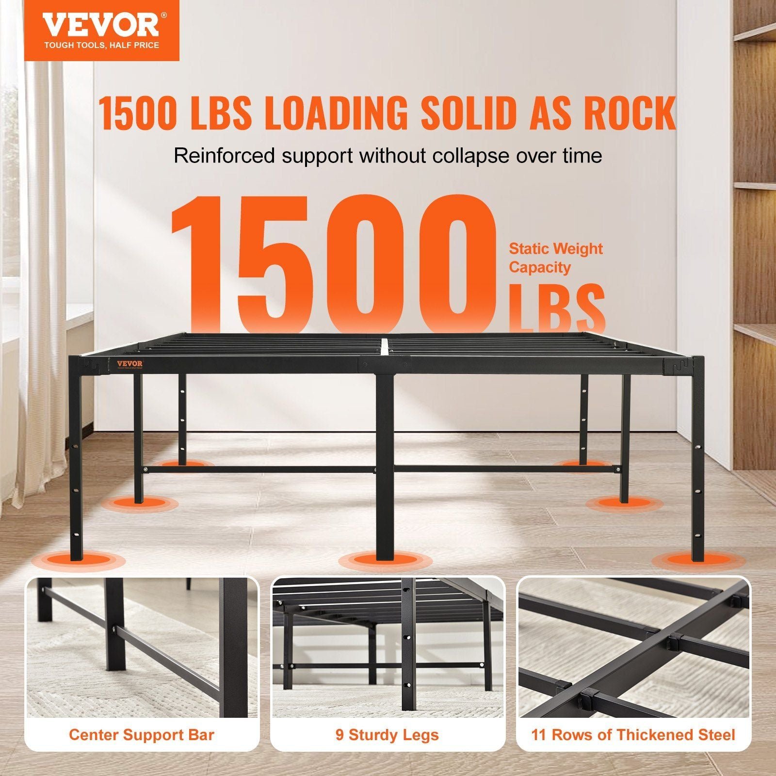 18 inch full metal bed frame heavy duty steel slat support easy assembly noise free box spring not needed 1500 lbs loading