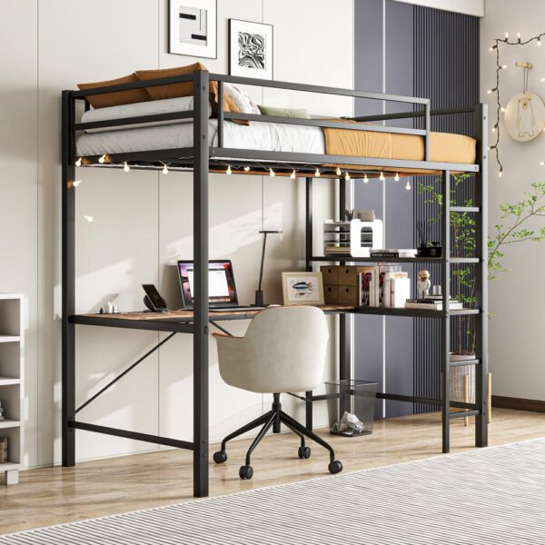 twin size loft bed with l shaped desk and shelves, charging station, led lights, safety guard & ladder, space saving